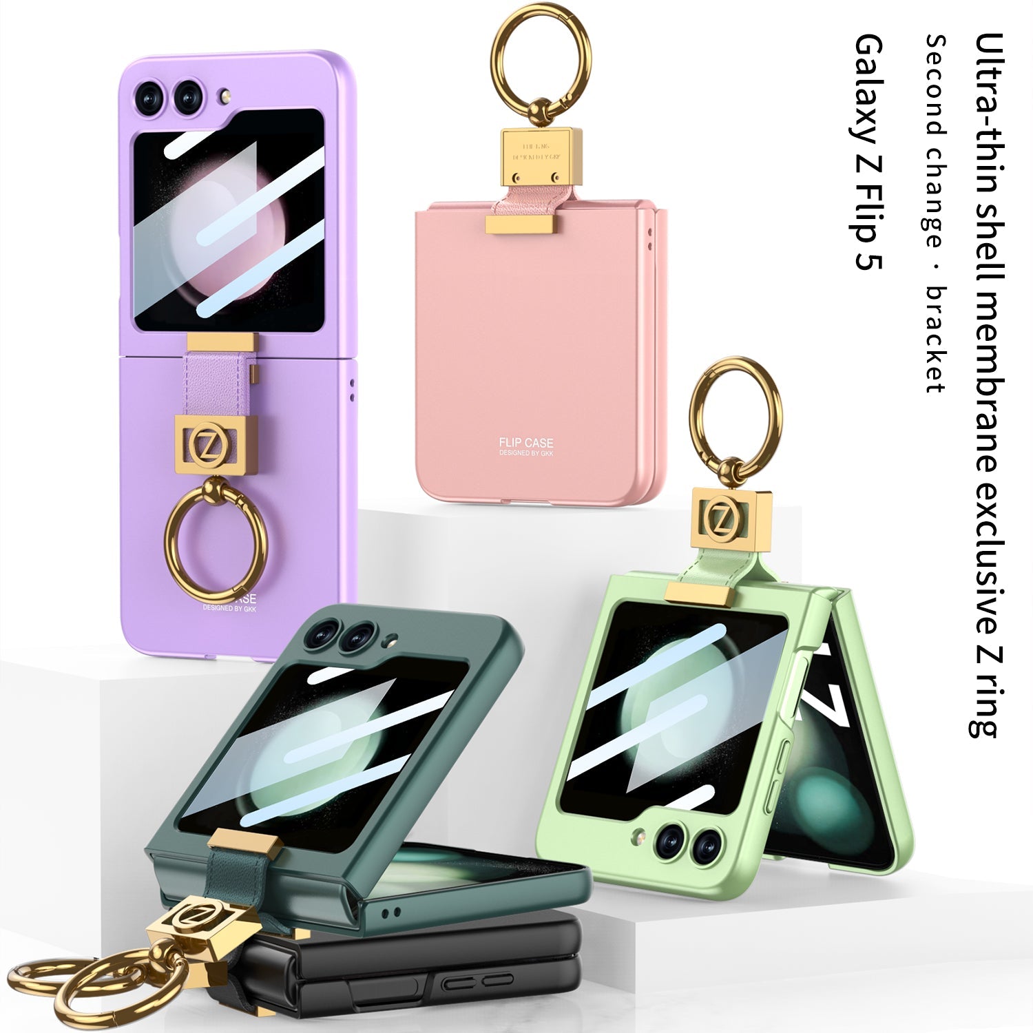 Luxury Z Ring Holder Phone Case With Back Screen Protector For Galaxy Z Flip5 Flip4 Flip3