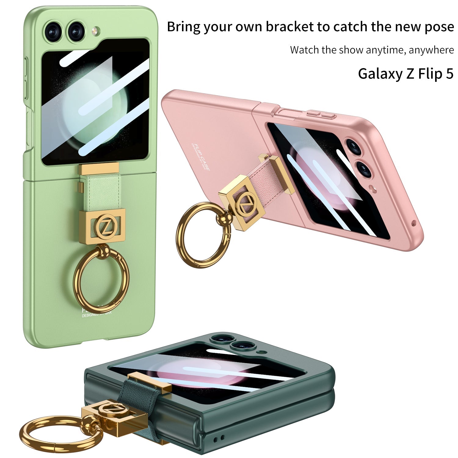 Luxury Z Ring Holder Phone Case With Back Screen Protector For Galaxy Z Flip5 Flip4 Flip3