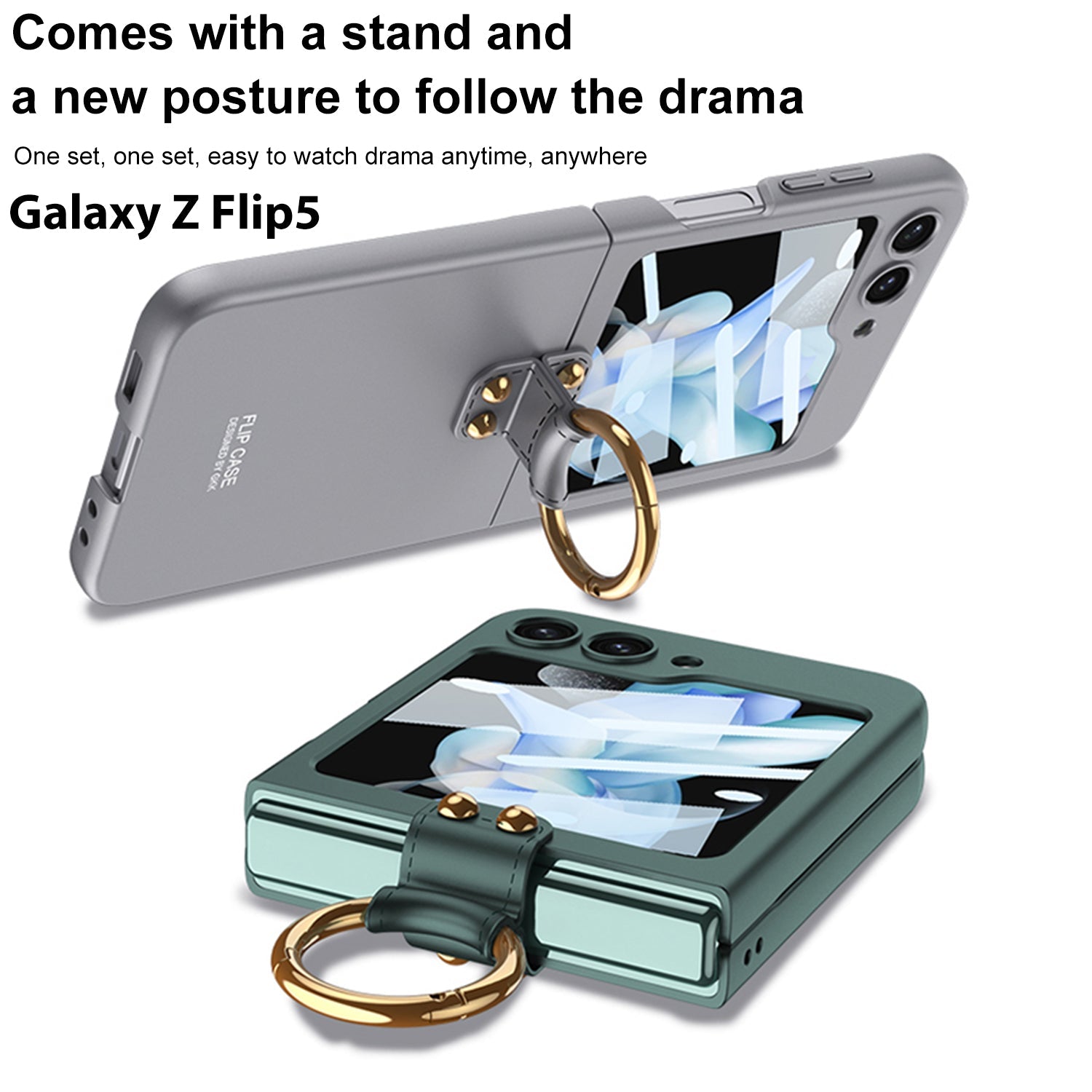 Premium Matte Ring Holder Phone Case With Back Screen Protector For Galaxy Z Flip5 Flip4 Flip3