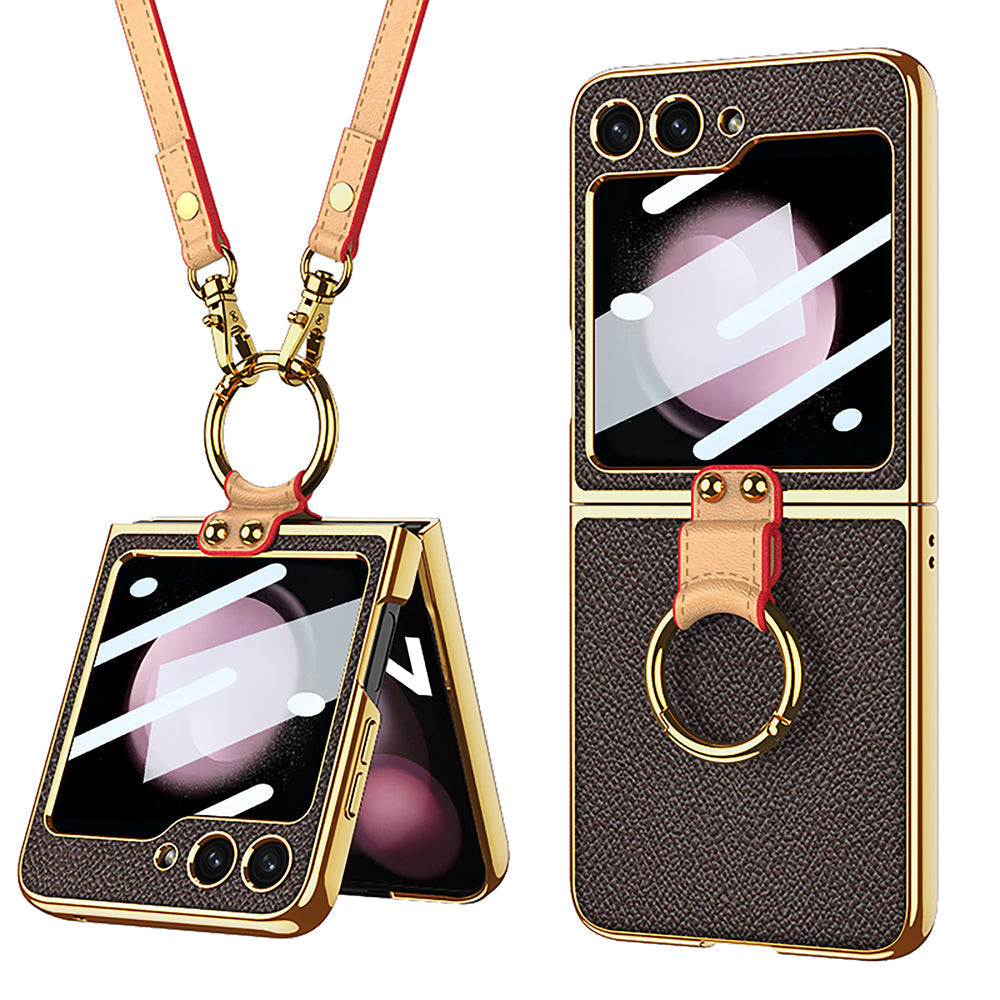 Luxury Leather Back Screen Tempered Glass Hard Frame Cover With Lanyard For Galaxy Z Flip5 Flip4 Flip3