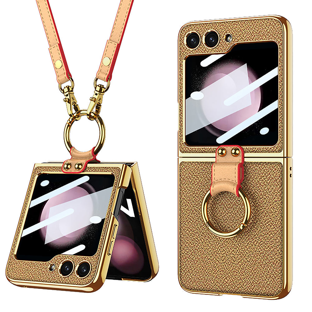 Luxury Leather Back Screen Tempered Glass Hard Frame Cover With Lanyard For Galaxy Z Flip5 Flip4 Flip3