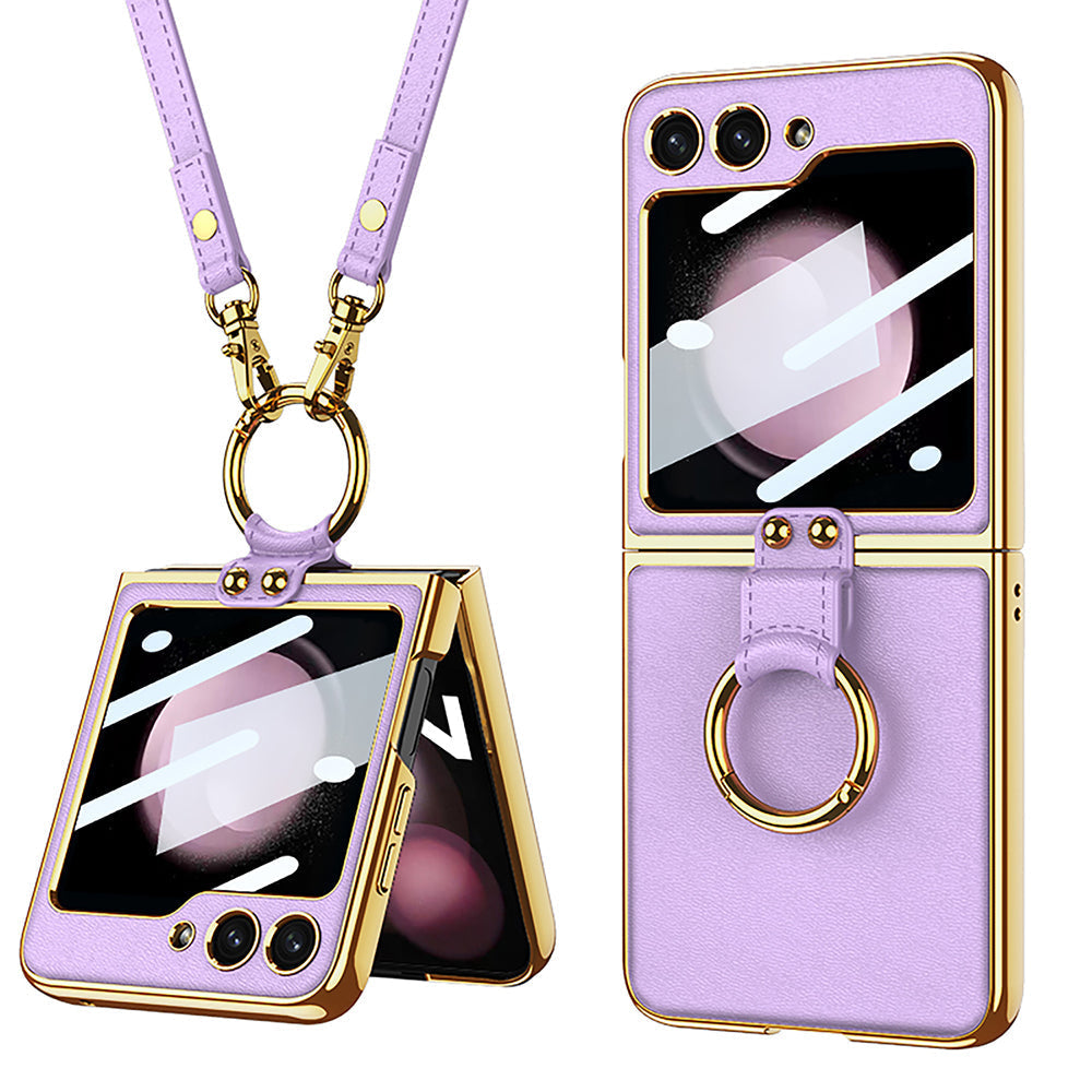 Luxury Leather Back Screen Tempered Glass Hard Frame Cover With Lanyard For Galaxy Z Flip5 Flip4 Flip3