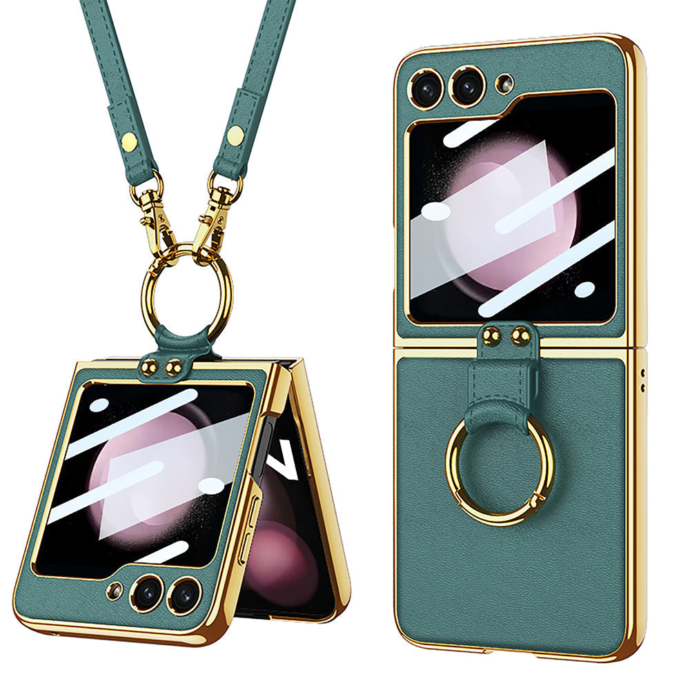 Luxury Leather Back Screen Tempered Glass Hard Frame Cover With Lanyard For Galaxy Z Flip5 Flip4 Flip3