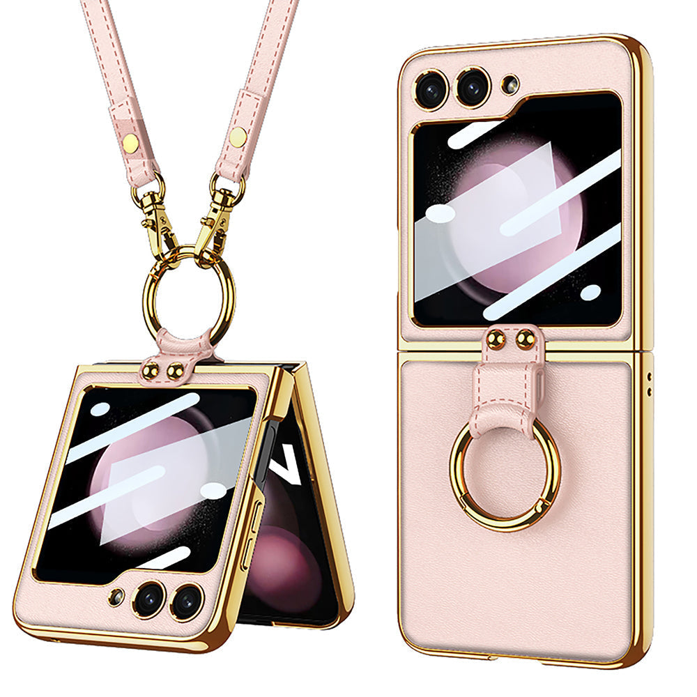 Luxury Leather Back Screen Tempered Glass Hard Frame Cover With Lanyard For Galaxy Z Flip5 Flip4 Flip3