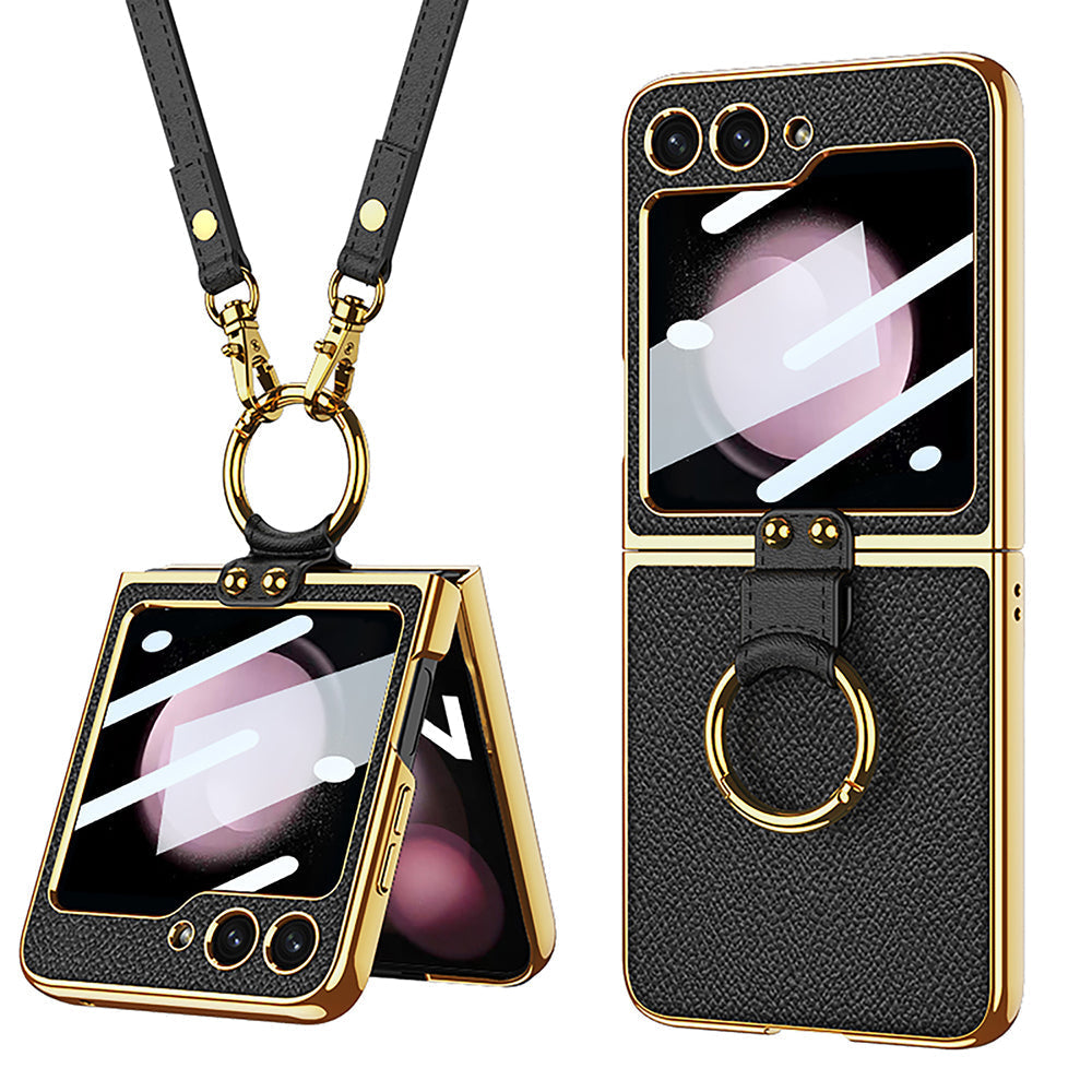 Luxury Leather Back Screen Tempered Glass Hard Frame Cover With Lanyard For Galaxy Z Flip5 Flip4 Flip3