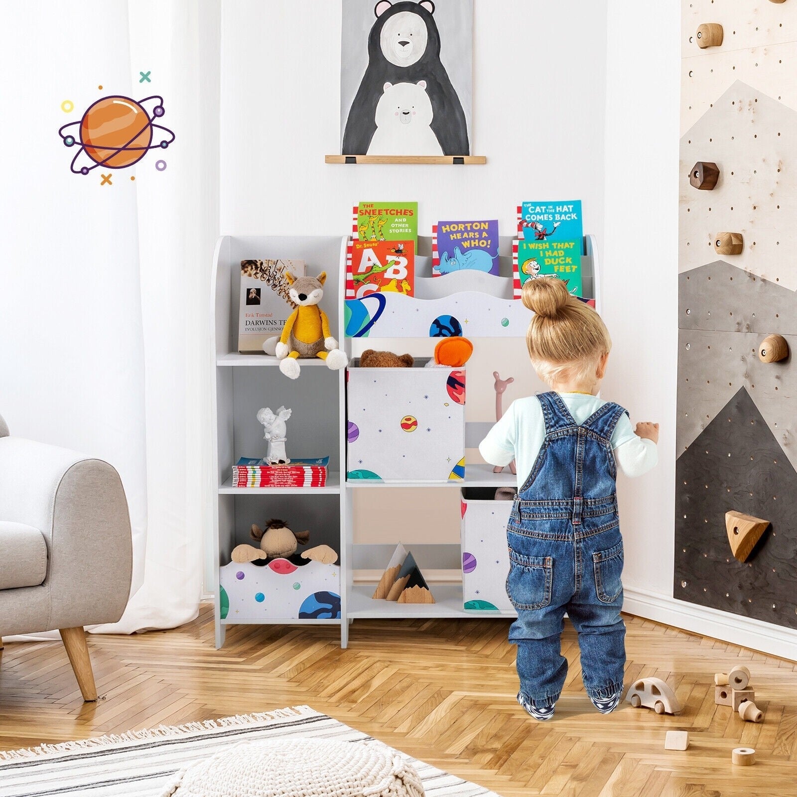 Wooden Children Storage Cabinet with Storage Bins - White with Planets