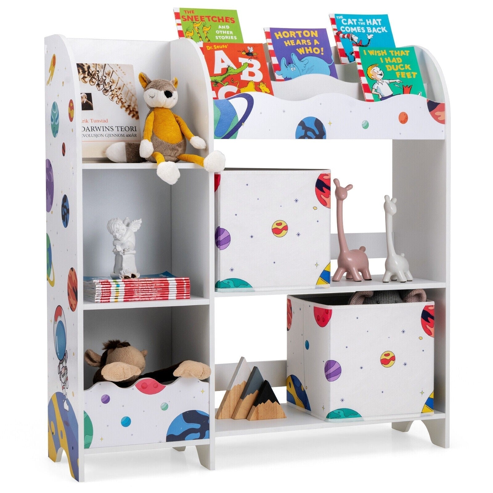 Wooden Children Storage Cabinet with Storage Bins - White with Planets